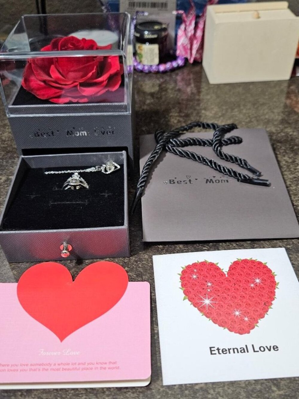 Best Mom Ever Necklace & Ring Jewelry Box Gift Set With Real Preserved Rose